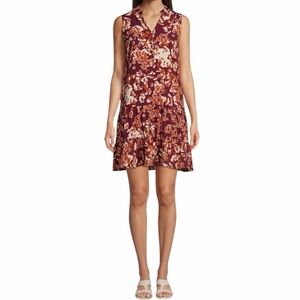 Nine West Sleeveless Ruffle Hem A-Line Dress Orange& maroon  Abstract Print